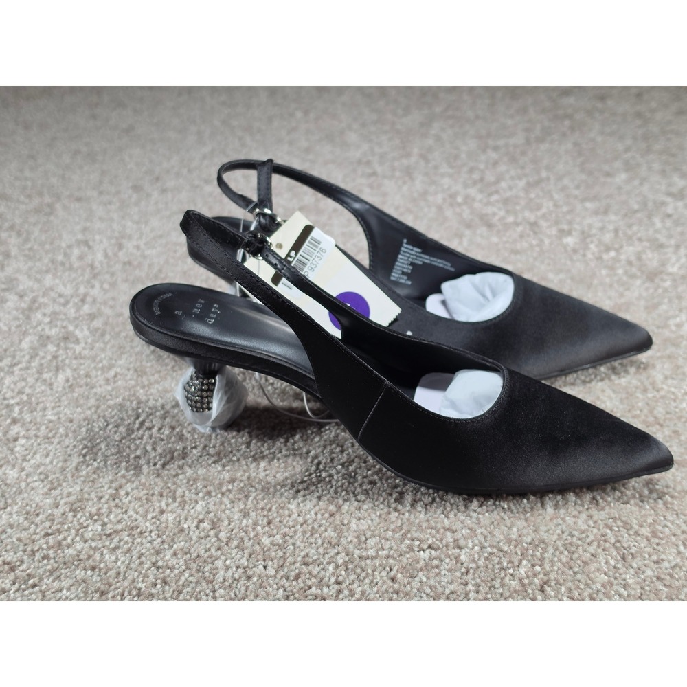 A New Day Simone Black Satin Rhinestone Heel Slingback Pumps Pointed Toe Shoes 6